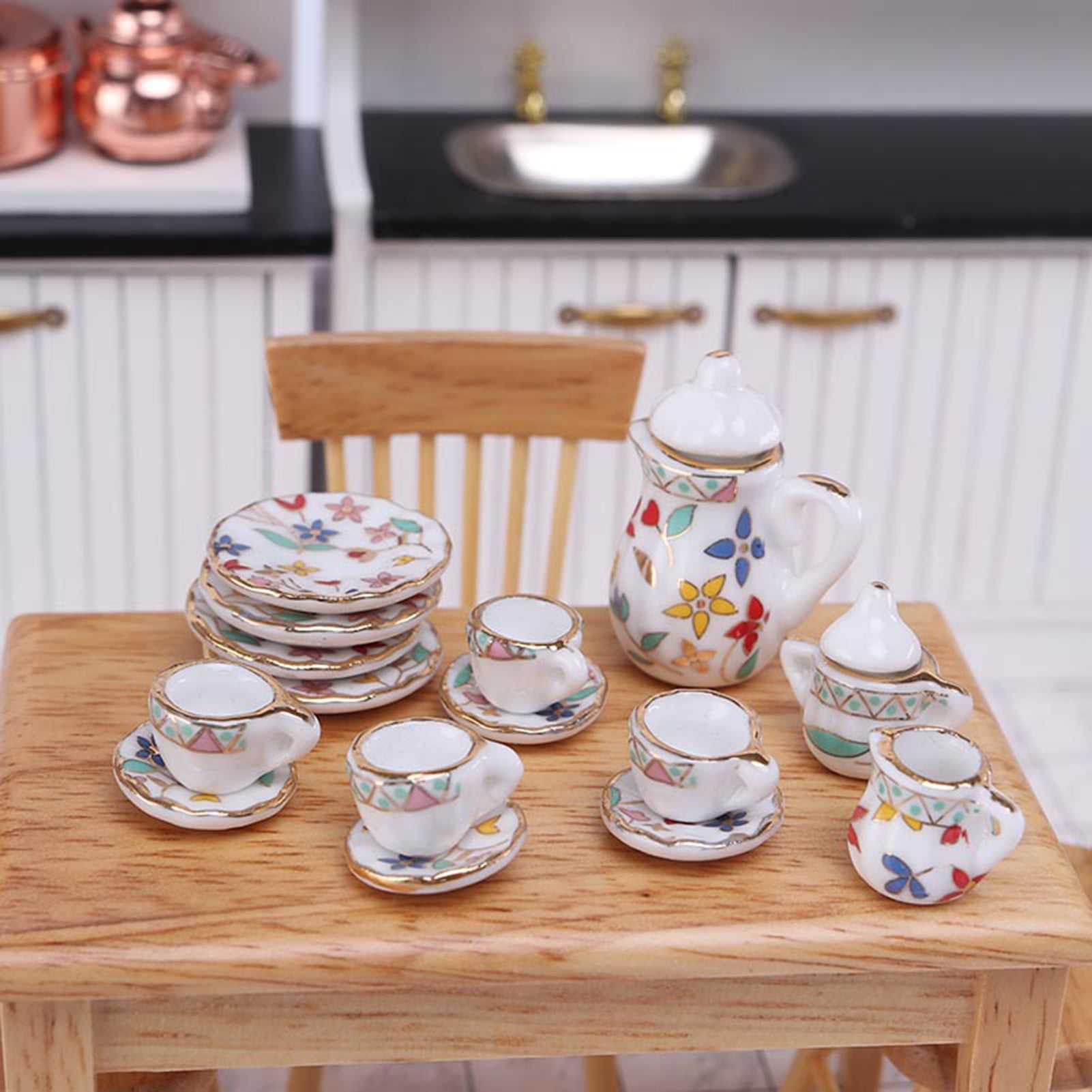 15Pcs 1:12 Miniature Porcelain Tea Cup Set Flower Tableware