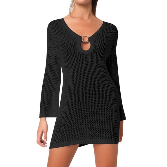 DHFJKG Summer Dresses For Women Beach Vacation Clothes Crochet Long Sleeve Scoop Neck Slim Fit Mini Dress Versatile Dresses