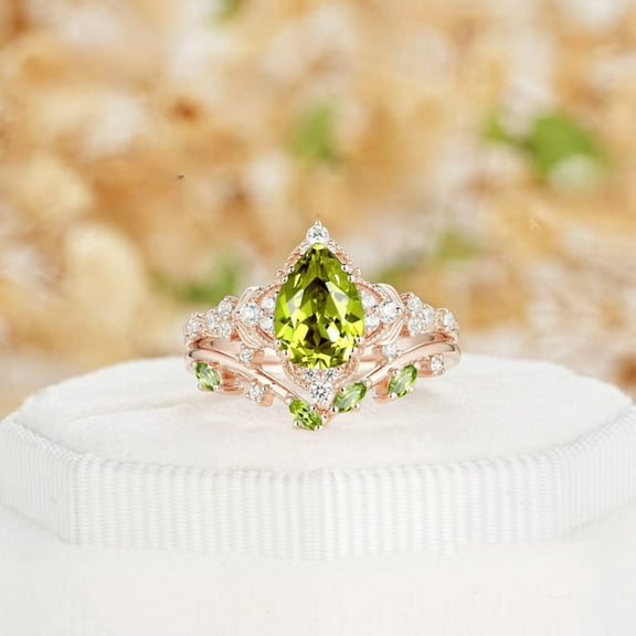 Oval Cut Peridot Engagement Ring Set IN 14K Rose Gold Vermeil- Green Peridot August Birthstone Bridal Set- Floral Promise Wedding Ring for Women