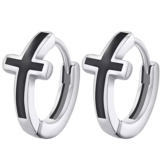 Stainless Steel Huggie Hoop Men Women Earrings Religion Cross Black Silver E38