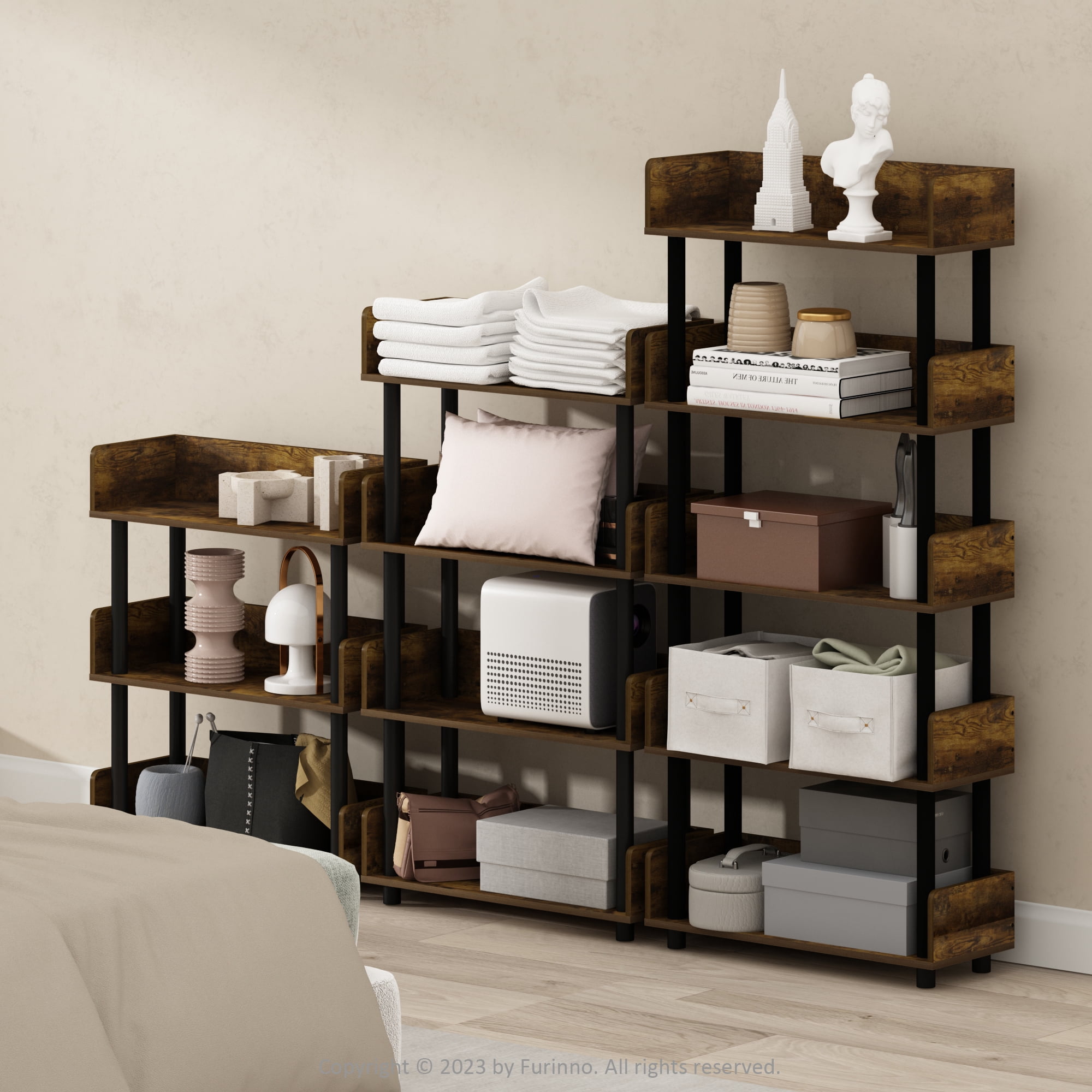 Furinno Turn-N-Tube 5-Tier Freestanding Multipurposes Display Rack, Amber Pine/Black
