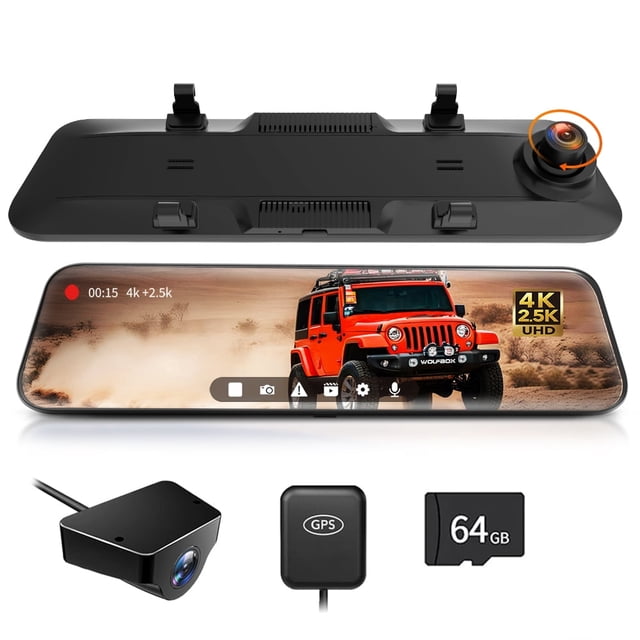 WOLFBOX 12" Rear View Mirror Dash Cam, 4K Mirror Dash Cam Front and 2.5K Rear Camera, Rearview Dash Camera for Car with WDR, Night Vision, Free 64GB Card & GPS