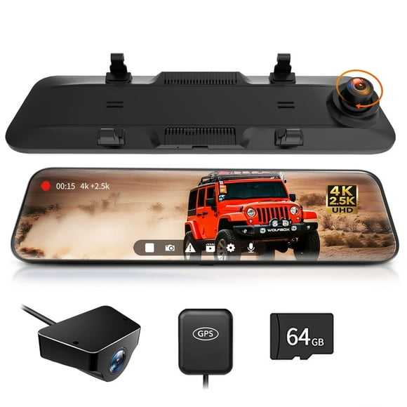 WOLFBOX 12" Rear View Mirror Dash Cam, 4K Mirror Dash Cam Front and 2.5K Rear Camera, Rearview Dash Camera for Car with WDR, Night Vision, Free 64GB Card & GPS