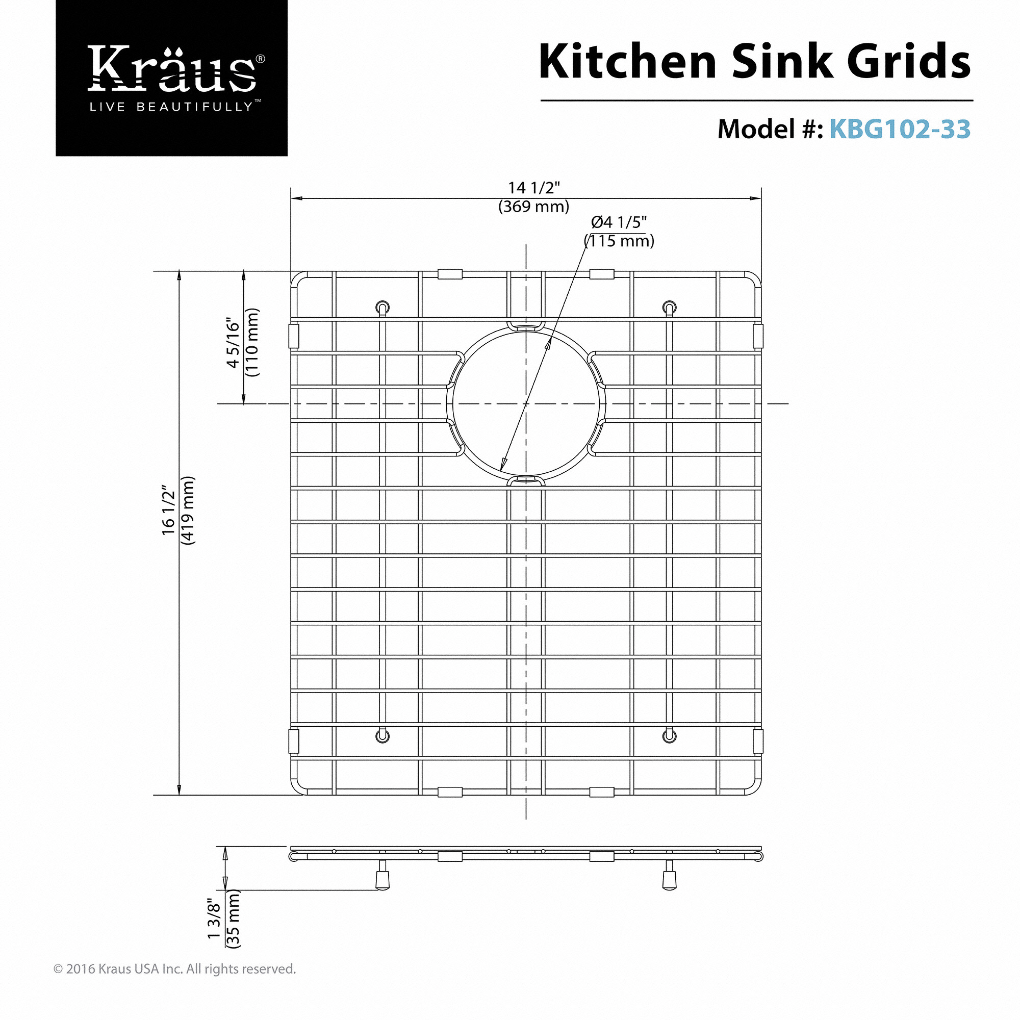 KRAUS KBG-102-33 Stainless Steel Bottom Grid for KHU102-33 Double Bowl 33? Kitchen Sink, 14 1/2? x 16 1/2? x 1 3/8? - image 2 of 2