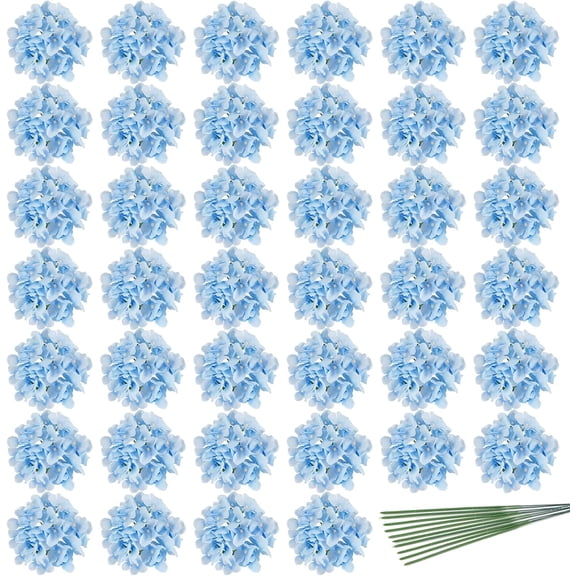 40pcs Artificial Hydrangea Silk Flower Heads with Stems, Fake Flowers for Wedding Centerpiece Home Garden Party Decoration (Blue)