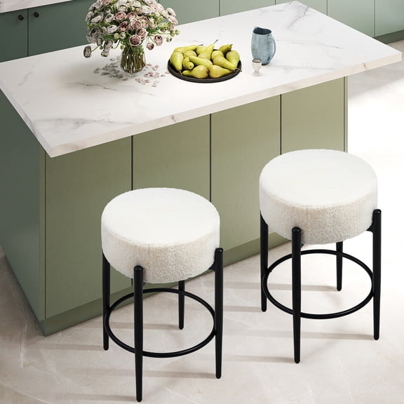 Skandiquip Set of 2 24" Backless Counter Bar Stools, Boucle Padded Round Seat Metal Base, White