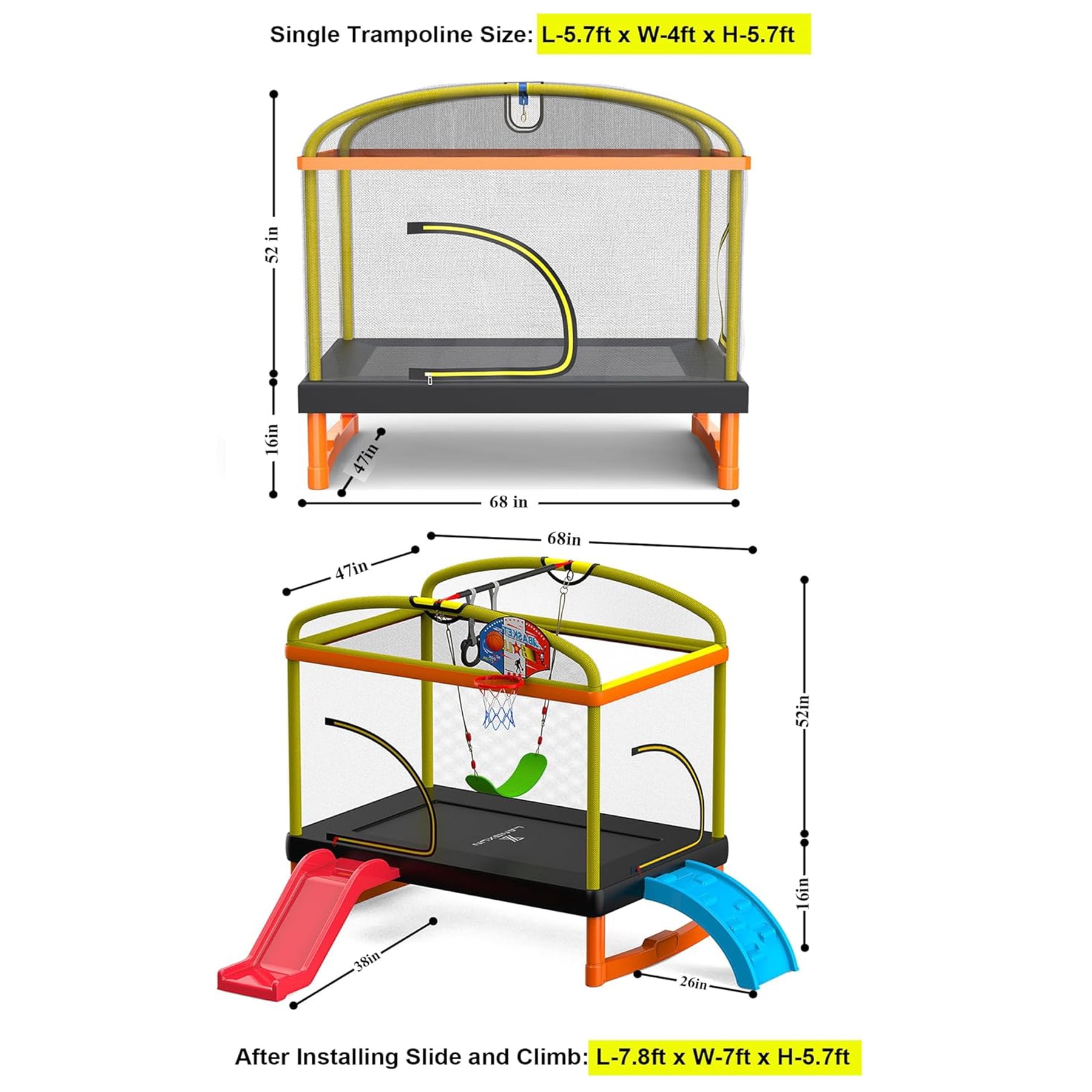 LANGXUN 6.5Ft 7-in-1 Rectangle Trampoline for Kids, with Climb, Slide, Swing, Basketball Hoop, Multi-Functional Indoor Outdoor Baby Toddler Mini Trampoline for Girls and Boys Birthday Gift, Age 1-10