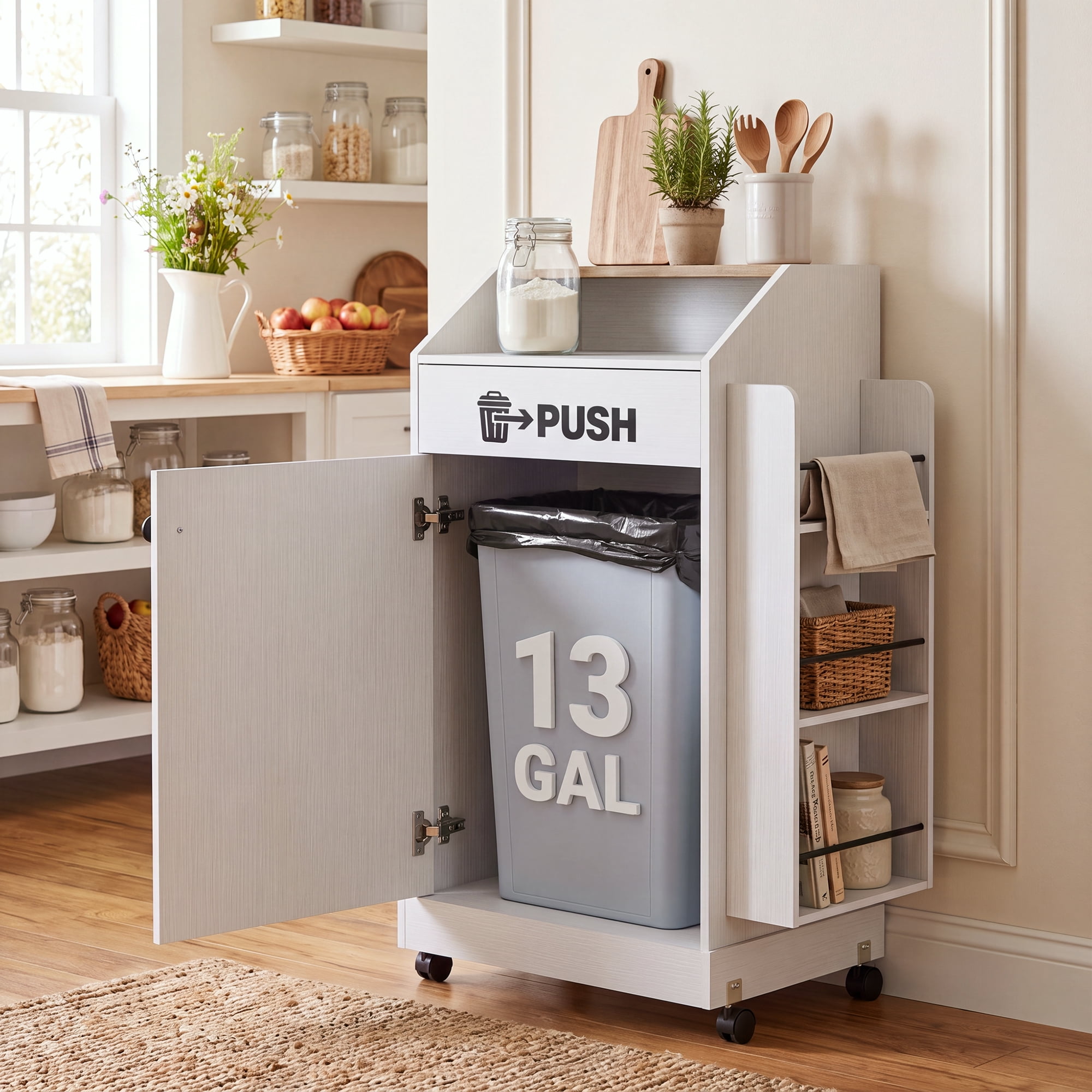 Lacoo 13 Gallon Trash Cabinet with Storage Shelves for Kitchen, Freestanding Garbage Can Cabinet with Lockable Rolling Casters, White