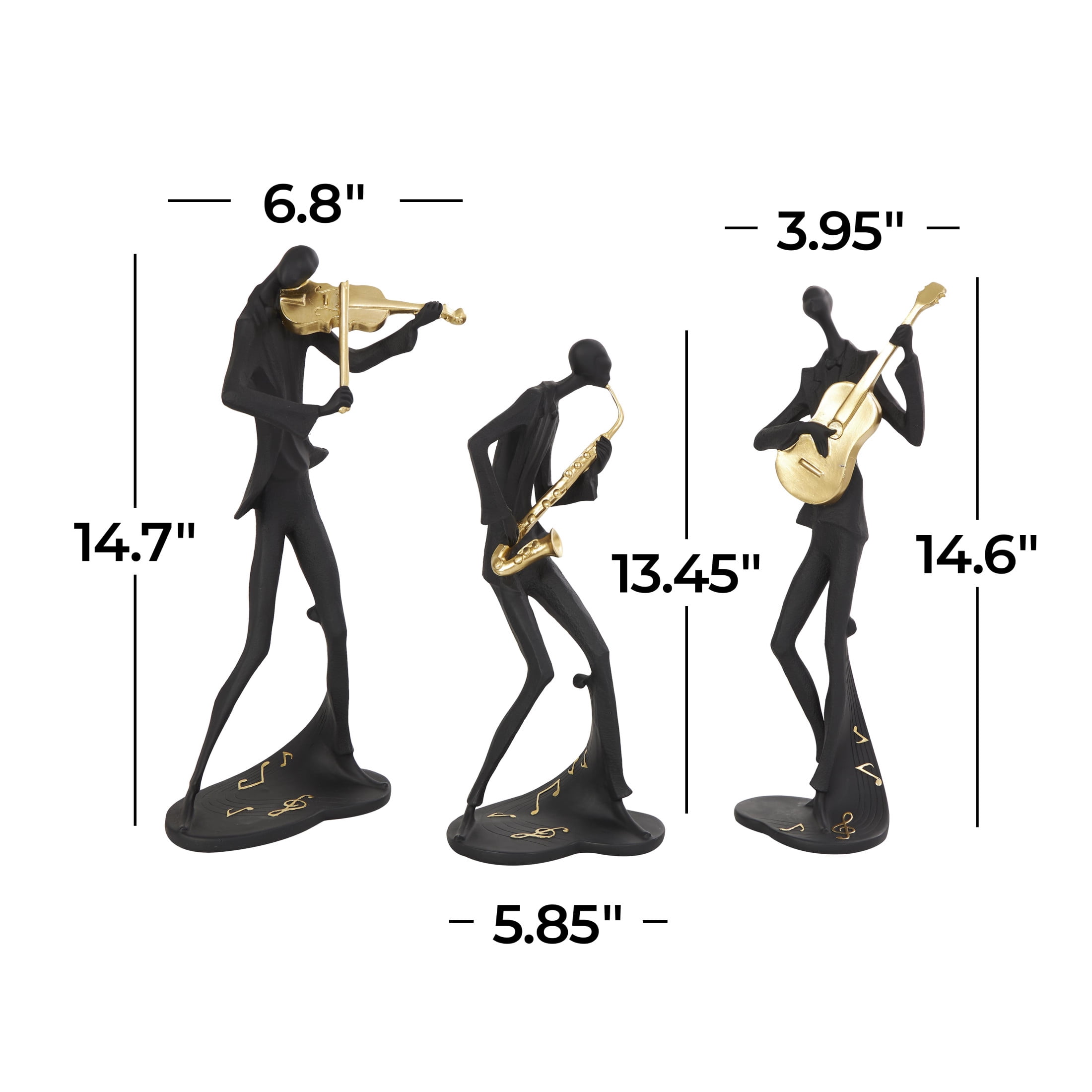 15", 13", 15"H Black Polystone Abstract Musician Sculpture with Gold Instruments and Music Notes, by DecMode (3 Count)