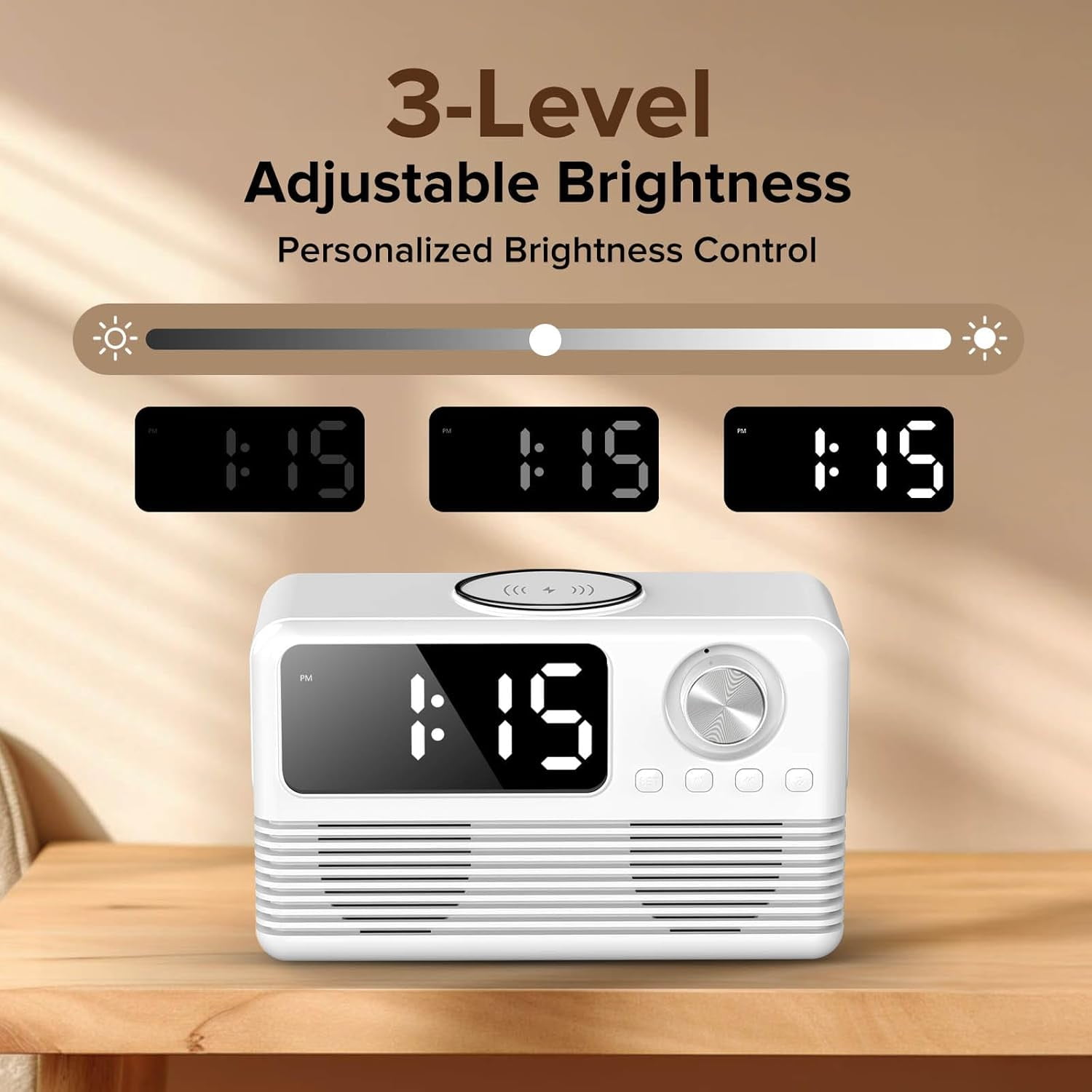 4 in1 Wireless Charging Station with Clock, FM Radio, Bluetooth Speaker, 15W Fast Wireless Charger for i Phone, Android Phones, Clock Radio for Bedroom Easy to Use for Seniors and Kids as Gift