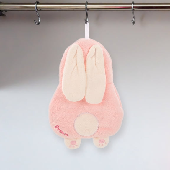 Nicehomfit Cute Bunny Hand Towel Hanging Coral Fleece Pink for Bathroom Kitchen Use