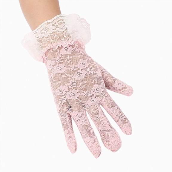CAUYDY Women Lace Floral Gloves Elegant Short Lace Ladies Tea Party Gloves for Opera Wedding Diner Party(L101-Pink,One Size)