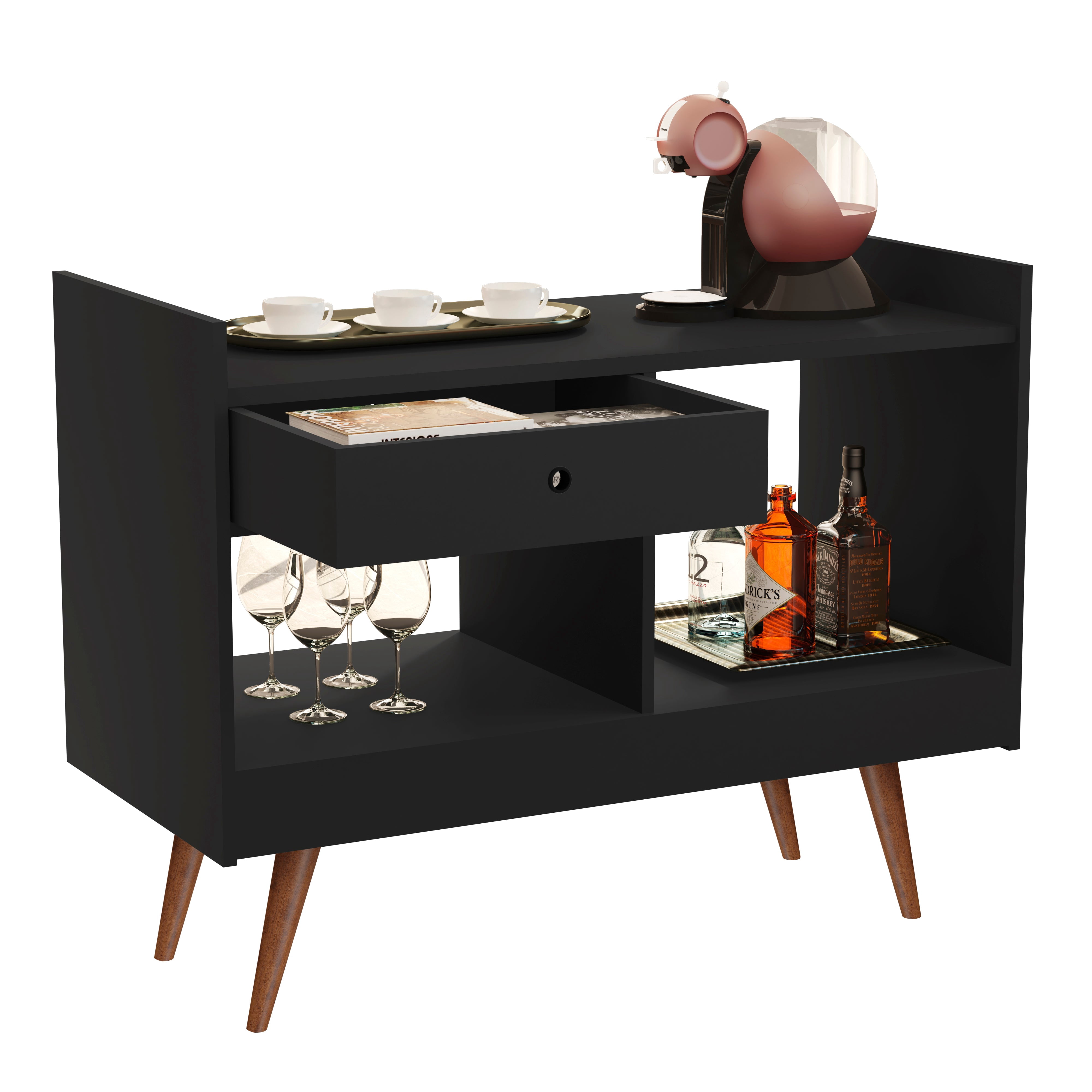 Ember Interiors Modern Bar Cabinet with 2 Open Shelves, Black