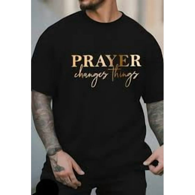 Men's T-Shirt with Prayer Changes Things Print & Golden Cross Design - Soft Breathable Round Neck Casual Tee, Machine Washable