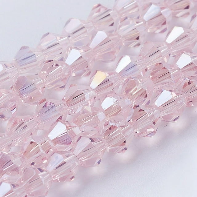 10 hebras de dijes de vidrio chapados en color AB, facetados, bicono, rosa brumoso, 4 x 4 mm, agujero: 1 mm, aproximadamente 82-85 piezas/hebra, 30,5-31 cm