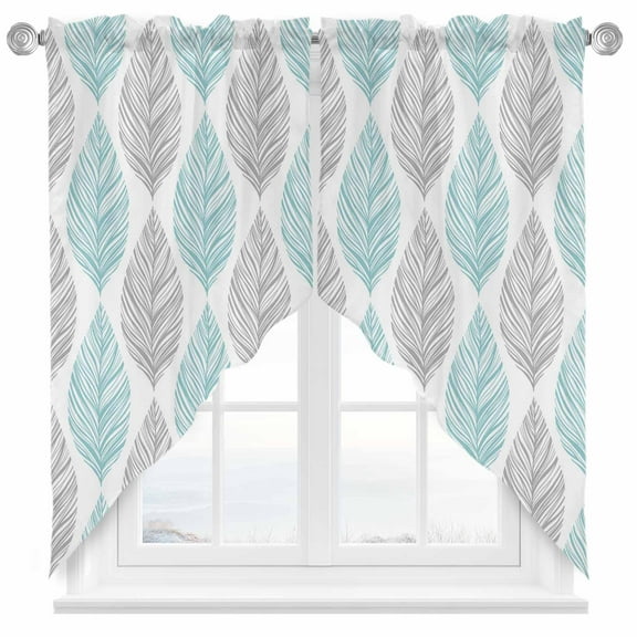 Grey and Swag Valances for Windows 2 Pack Turquoise Olive Leaf Texture Watercolor Swag Kitchen Curtains 63 Inches Long Rod Pocket Short Window Treatment for Kitchen Bathroom 36"x63"