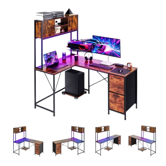 VEVOR L-Shaped Gaming Desk with LED Lights, 62.2-inch Reversible Corner Computer Desk with Power Outlets, Movable CPU Stand & Storage Drawers, Modern Stylish PC Gaming Table for Home Office