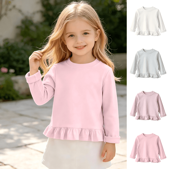 Wilark Girls Long Sleeve T Shirts with Ruffle Size 5, Cotton Cute Crew Neck Casual Kids Fall Clothes Pink