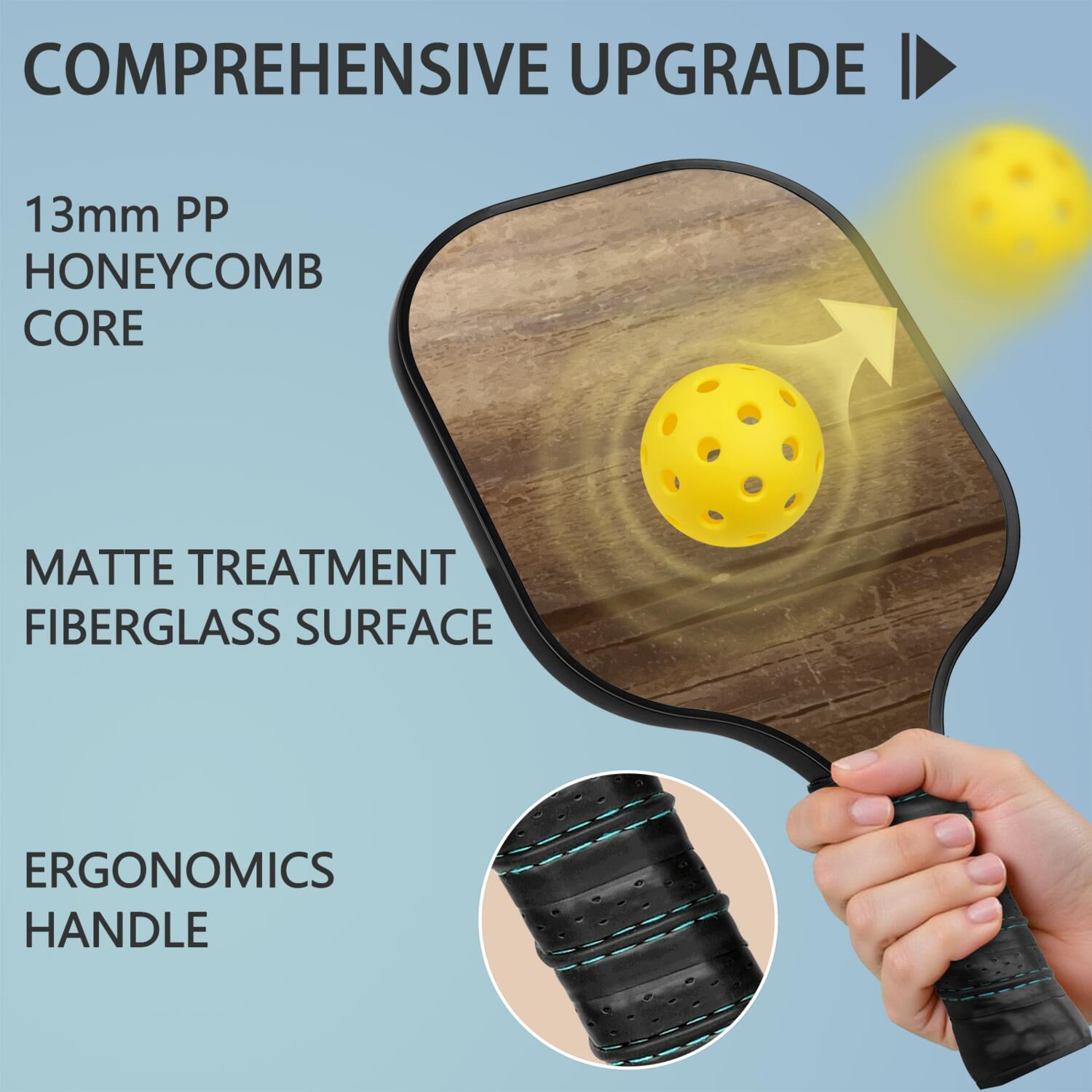 Pickleball Paddles Set Of 2, Fiberglass Surface, Wood Grain Print, 4 Balls & Bag