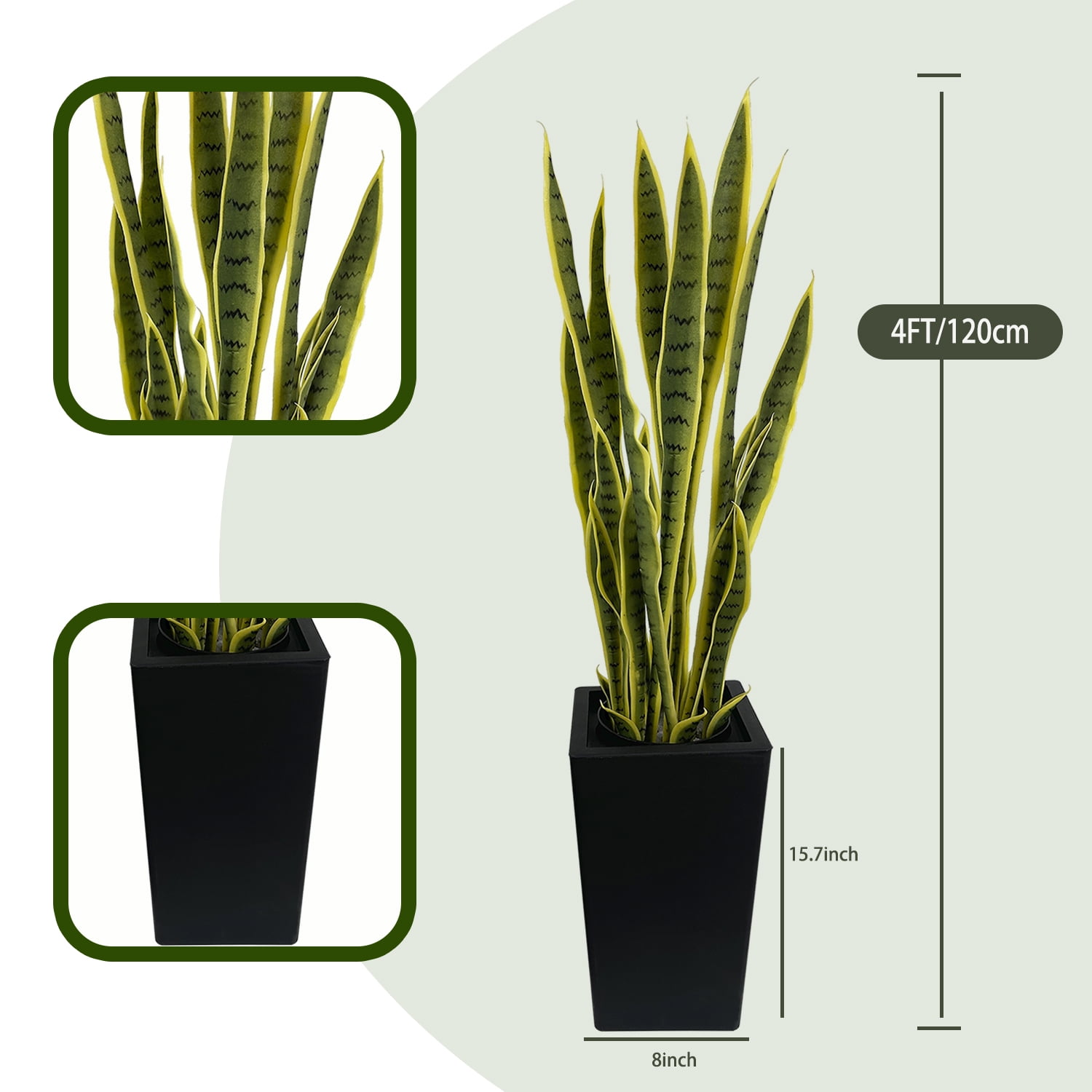 Artificial Snake Plant 4FT with Black Pot, Single Pack, 24 Adjustable Leaves, Suitable for Indoor & Outdoor, Garden, Backyard, Front Door Decor, Daily Home Decoration, Holiday Decoration, Yellow