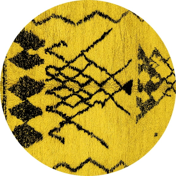 Ahgly Company Machine Washable Indoor Round Abstract Yellow Modern Area Rugs, 4' Round