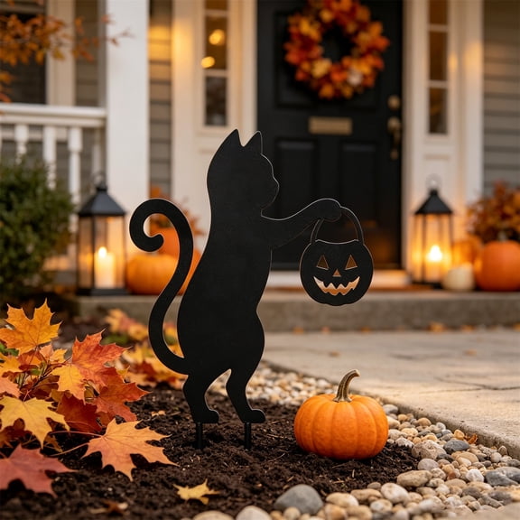 Halloween Garden Garden Stake,Metal Cat Pumpkin Stake,Outdoor Yard Silhouette Ornament for Backyard Lawn Arrangement and Holiday Horror Party Decor