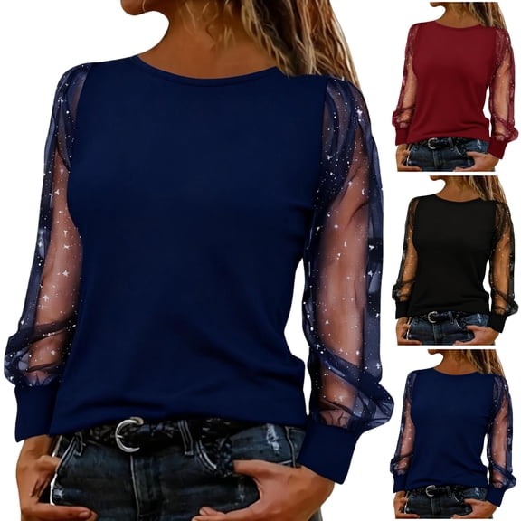 Cadancy Dressy Tops for Women Mesh Long Sleeve Shimmer Glitter Crewneck Tunic Shirts Casual Elegant Night Out Party Sparkly Blouses
