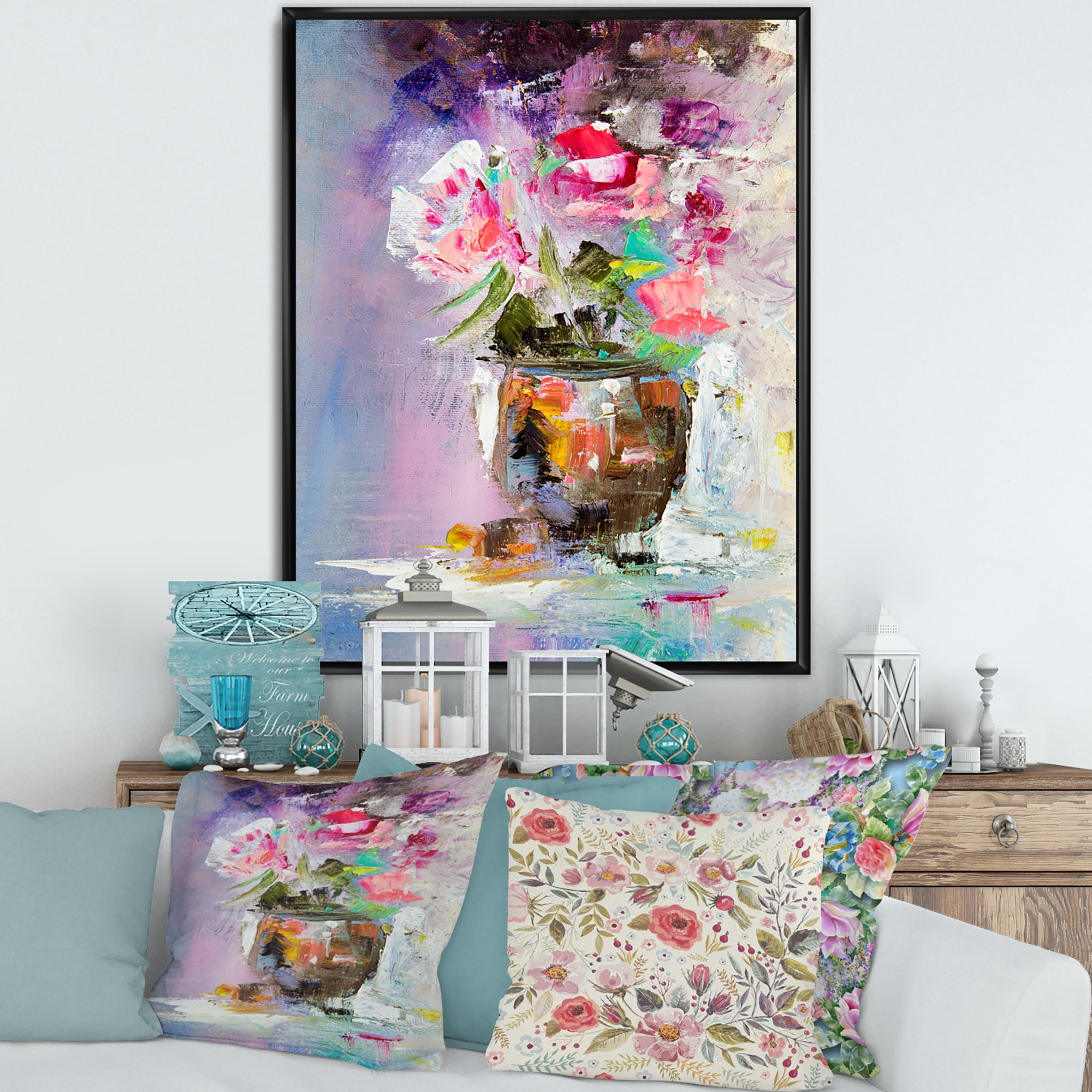 Designart 'Pink Fresh Abstract Flowers Bouquet in Vase' Modern Framed Canvas Wall Art Print
