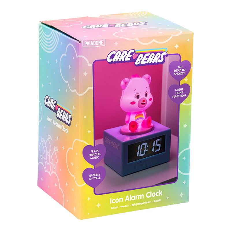 Care Bears Pink Cheer Bear Digital Alarm Clock with Night Light and Music, officially licensed bedroom decor for girls and women, battery-operated pop culture product | Paladone