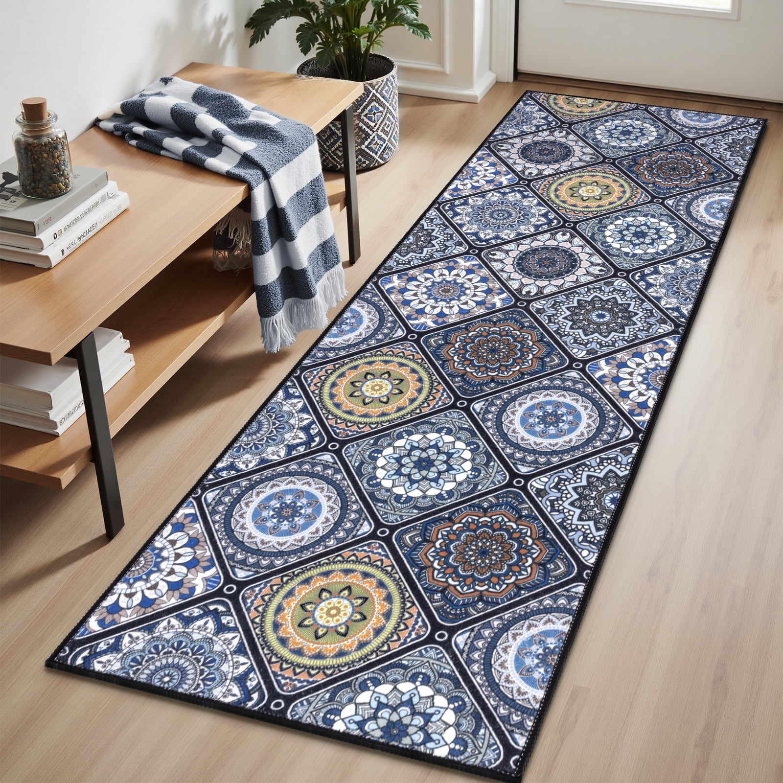 Findosom 2pc Boho Kitchen Rugs and Mats Set, Non Slip Washable Kitchen Runner Rug for Kitchen Floor, Farmhouse Kitchen Decor, Hallway, Entryway, Laundry Room,20"x32"+20"x47" Blue