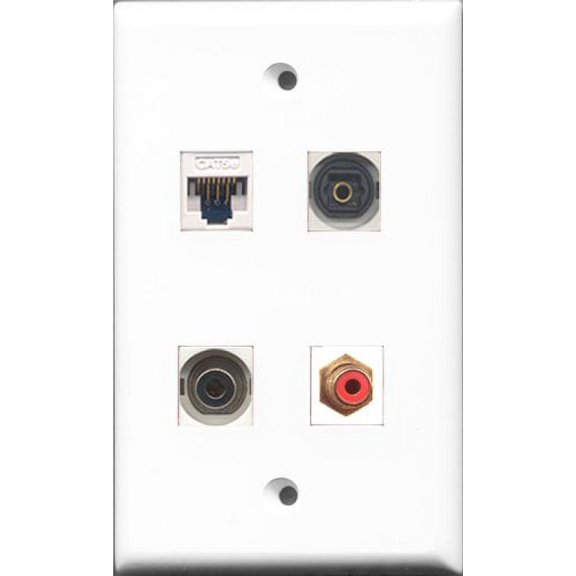 RiteAV 1 Port RCA Red and 1 Port Toslink and 1 Port 3.5mm and 1 Port Cat5e Ethernet White Wall Plate