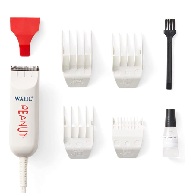 cortadora de pelo wahl peanut classic profesional 8685 recortadora blanca compacta (4 pulgadas, 4 onzas) vista frontal con cable, cabezal metálico, cuatro peines guía blancos, cepillo de limpieza negro, tapa protectora transparente y separador rojo; ideal para recortes de detalle y uso en viaje.
