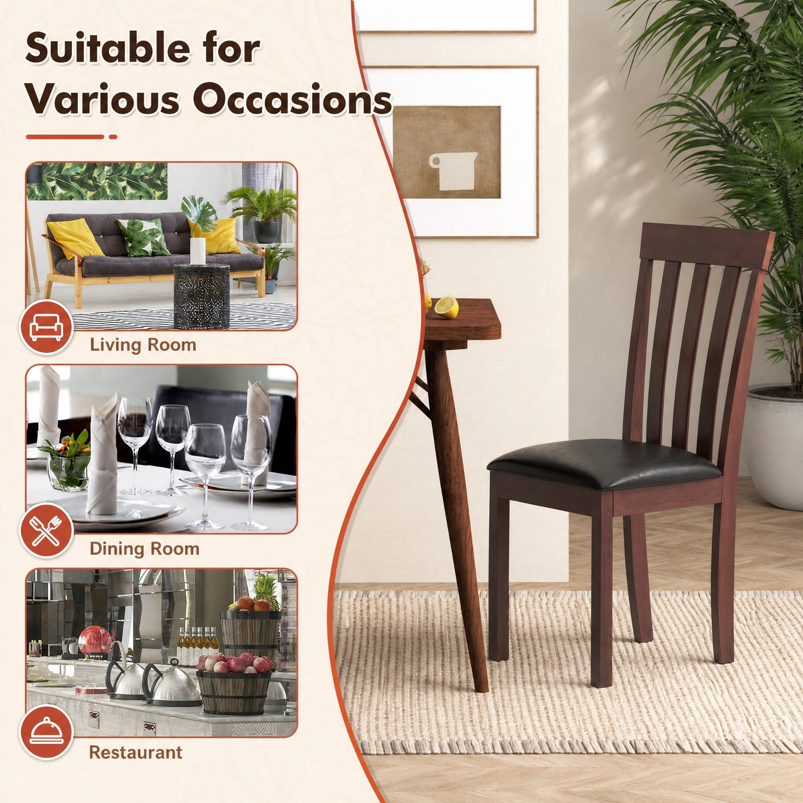 Furnibear Upholstered Dining Chairs Set of 2 Wooden Kitchen Chairs with Padded Seat and Rubber Wood Frame for Dining Room, Espresso