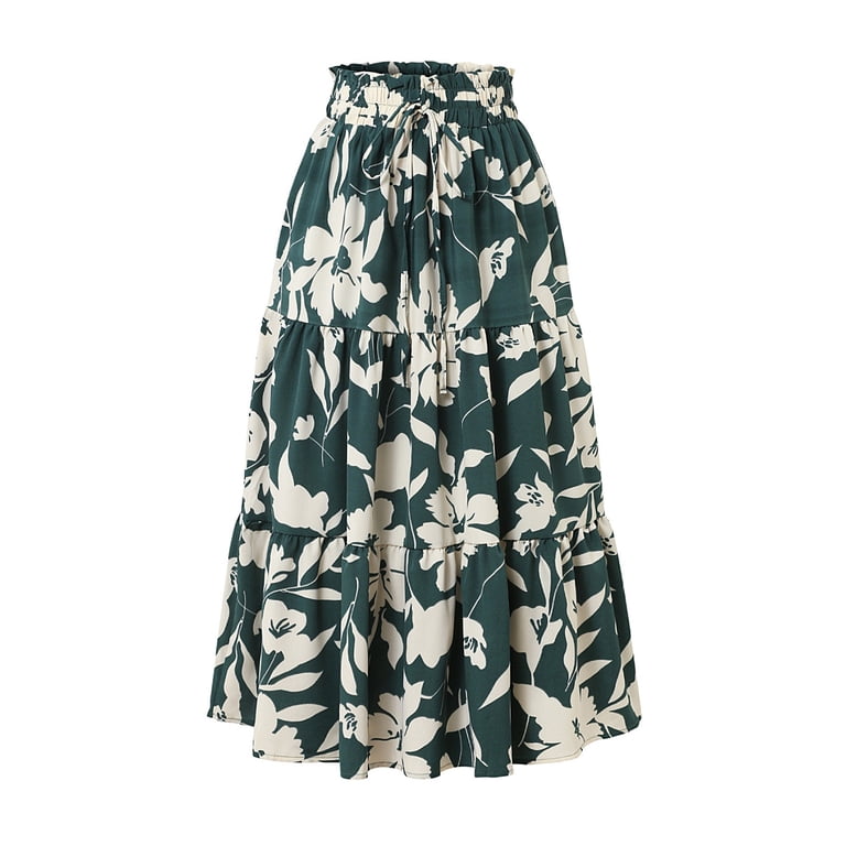 Womens Midi Skirt Petite Mid-Length Elastic Adjustable Drawstring