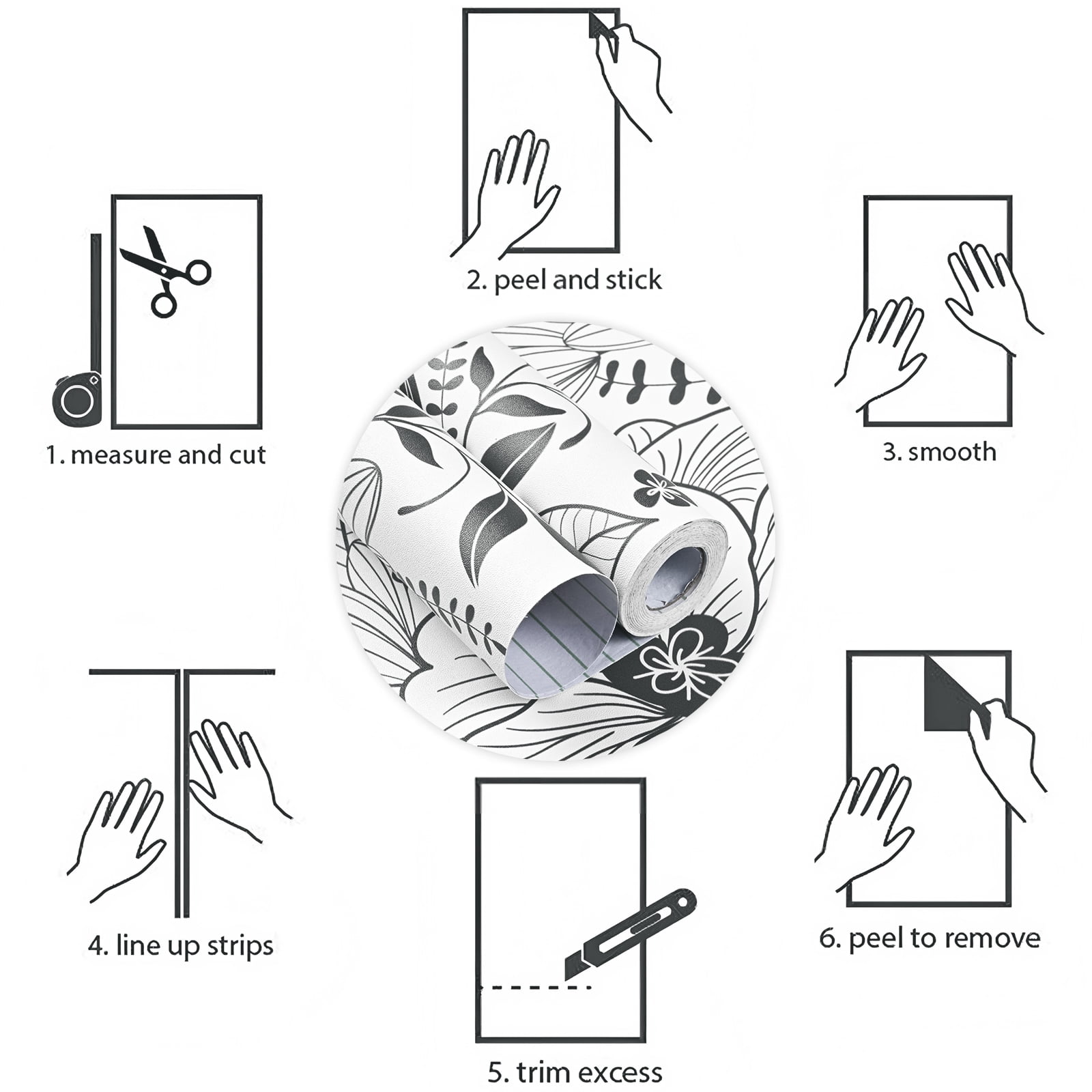 DAZLUTE Peel and Stick Removable Wallpaper White Black Floral Contact Paper Wallpaper,17.72" x 118"