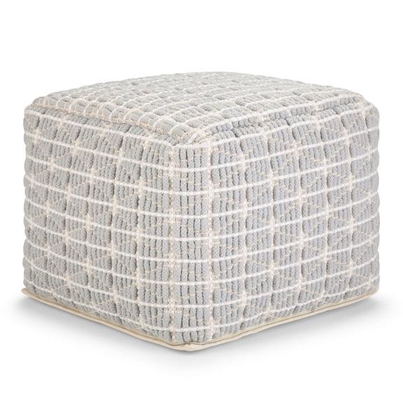 Simpli Home Noreen Square Pouf in Light Blue, White Handloom Woven Pattern