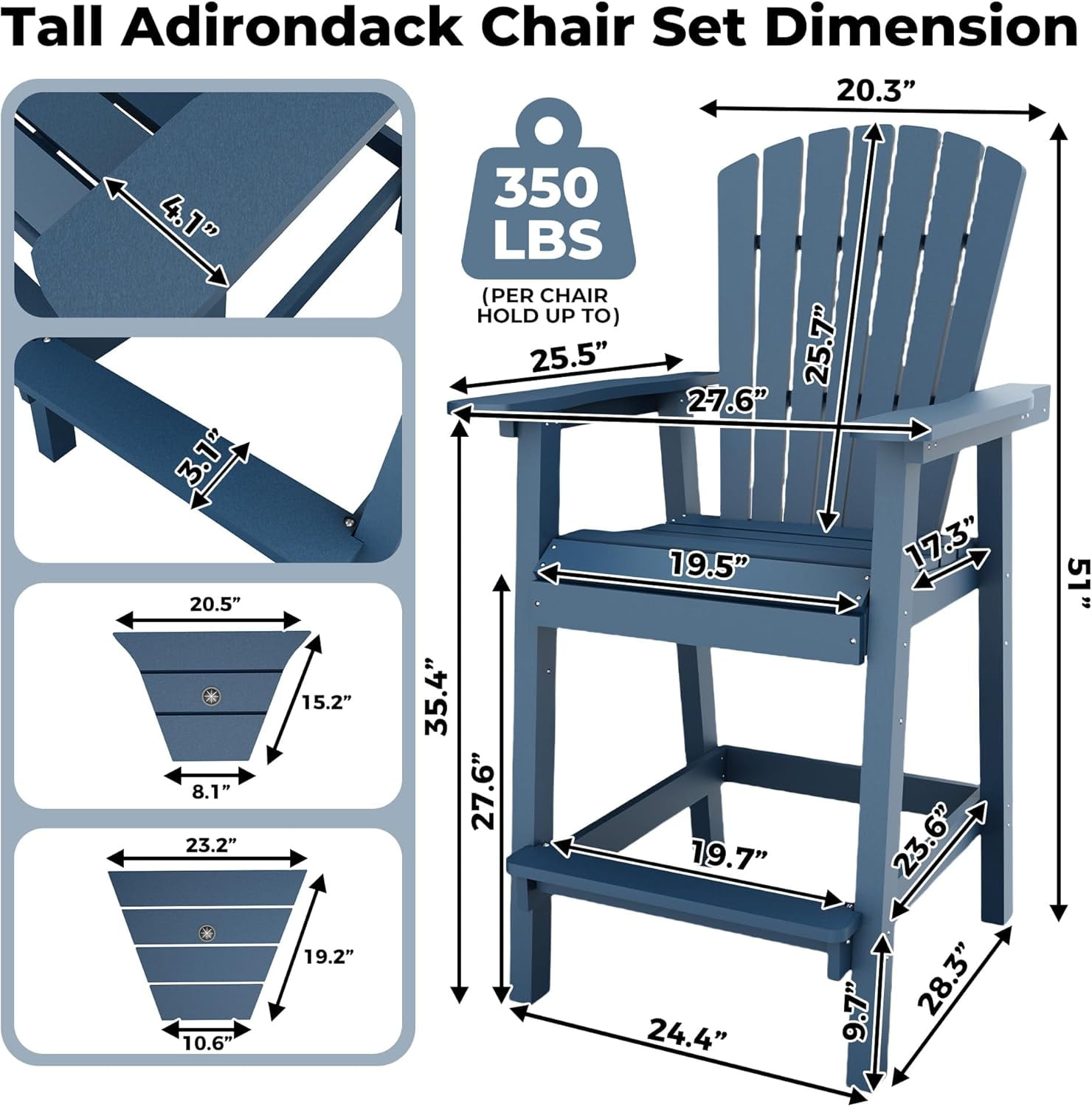 Outdoor Bar Height Adirondack Chairs with Connecting Tray,Balcony Chairs Recycled Poly Adirondack for Deck,Backyard,Outdoor Tall Adirondack Chairs Weather Resistant