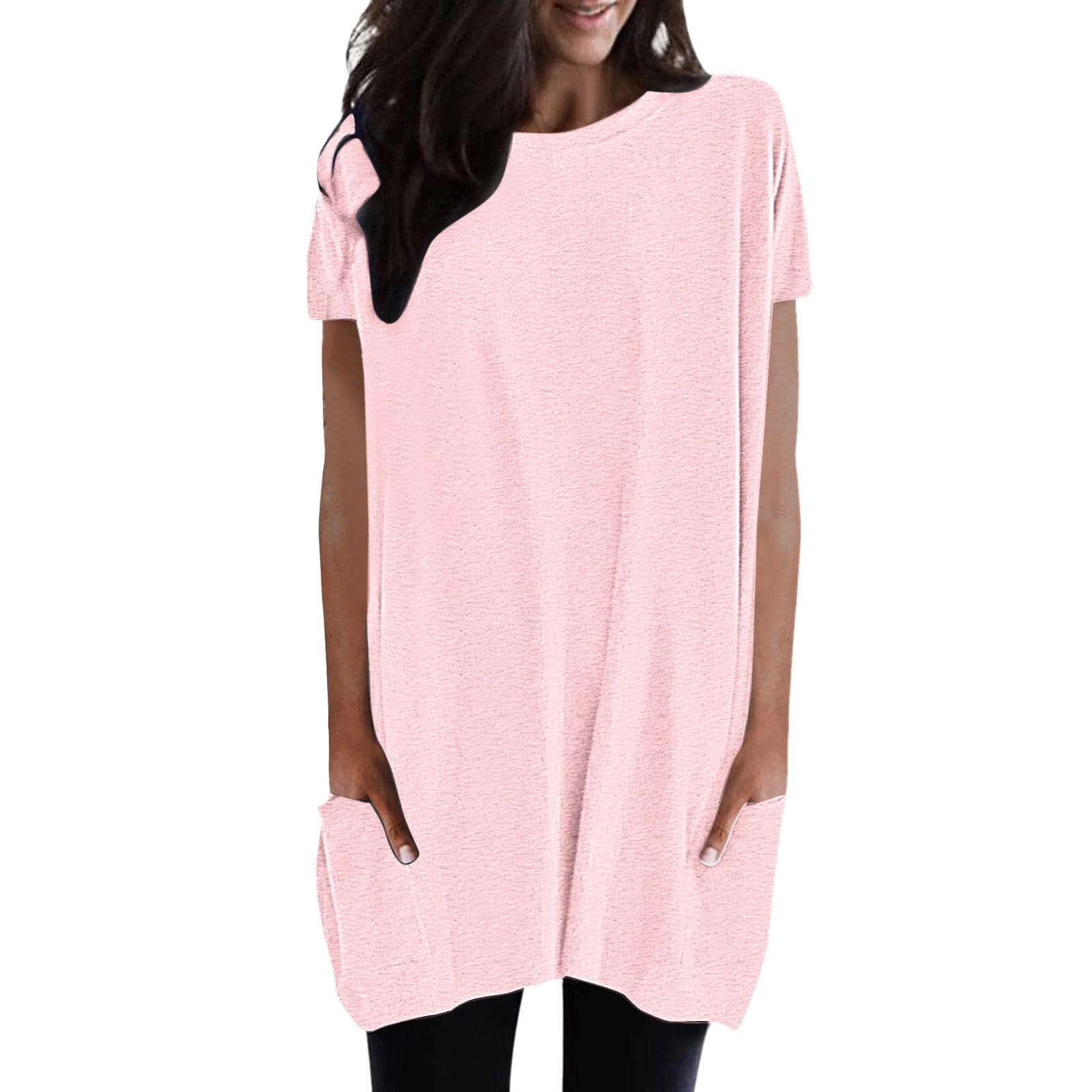 WEIYLL Womens T-Shirts Summer Solid Loose Pullover Tunic With Pockets Long Pink Tee Sizes XL
