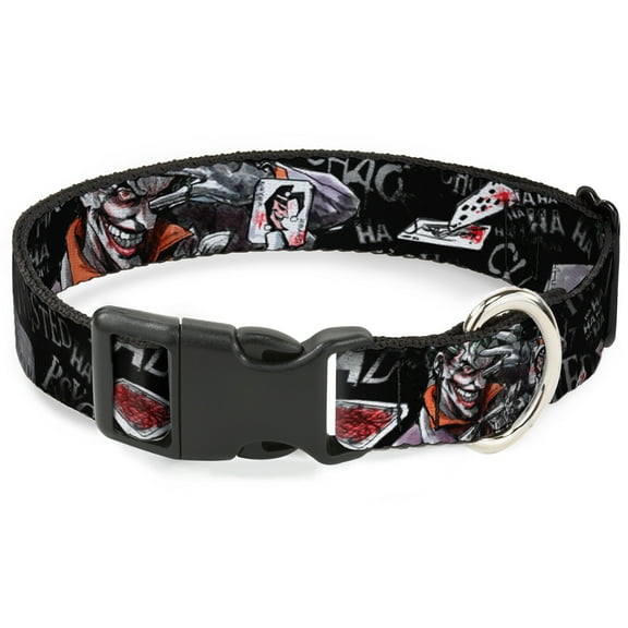 DC Comics Pet Collar, Dog Collar Plastic Buckle, Joker Brilliantly Twisted Psycho Poses Cards Black Grays, 8.5 to 12 Inches 0.5 Inch Wide