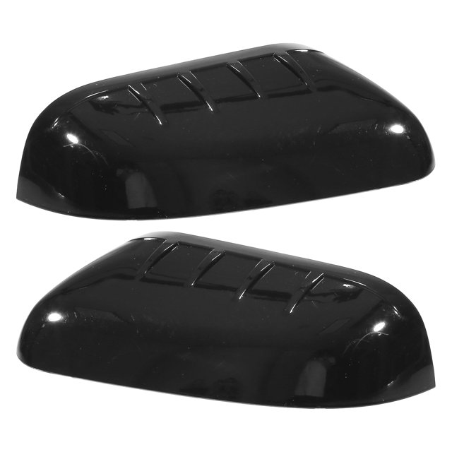 cubiertas de espejo medio superior negro brillante Unique Bargains para Ford Explorer 2011-2015, par de tapas adhesivas de plástico brillante con patrón de ranuras, vista 3/4 y frontal sobre fondo blanco; se ajustan sobre la tapa de espejo de fábrica para proteger y decorar el exterior, a menudo usadas para cubrir pequeños arañazos estéticos.