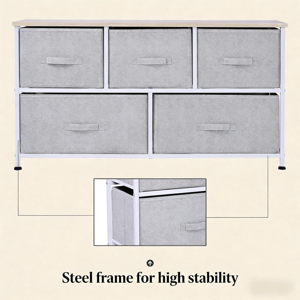 5 Drawer Fabric Storage Dresser Grey Non-Woven Drawers White Steel Frame Natural Wood Top Slim Chest Organizer for Bedroom Living Room Entryway