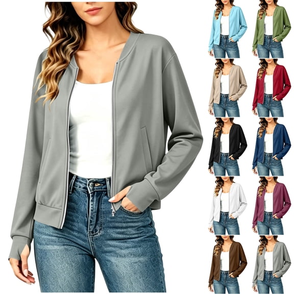 Jewelreauty Womens Light Jackets with Thumb Holes Pockets Long Sleeve Full-zip Bomber Coat Collarless Outwear (XL, Gray)