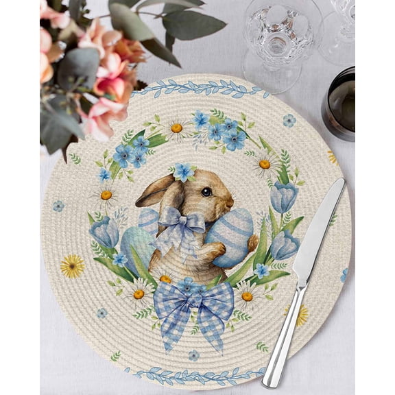 15 Inch Round Placemats Set of 4, Spring Easter Non Slip Heat Insulation PP Table Mats, Cute Rabbits Eggs Bow Daisy Tulips Plants Beige Washable Place Mats for Kitchen Dining Party Table Decor