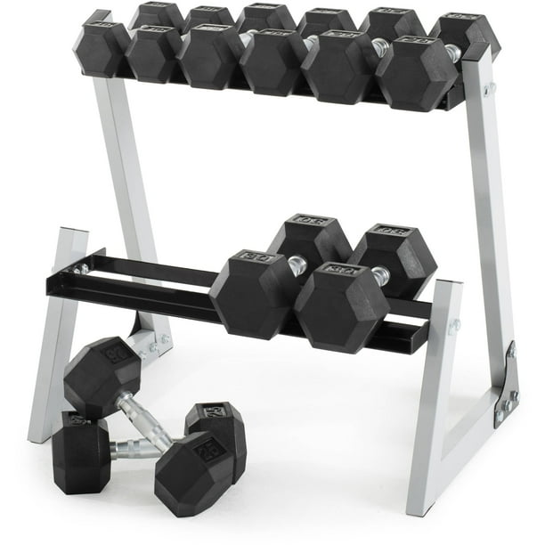 Weider 200 Lb. Rubber Hex Dumbbell Weight Set with Weight Rack