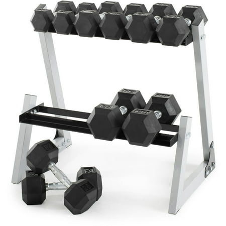 - Weider 200 lb Rubber Hex Dumbbell Weight Set, 10-30 lb with Weight Rack