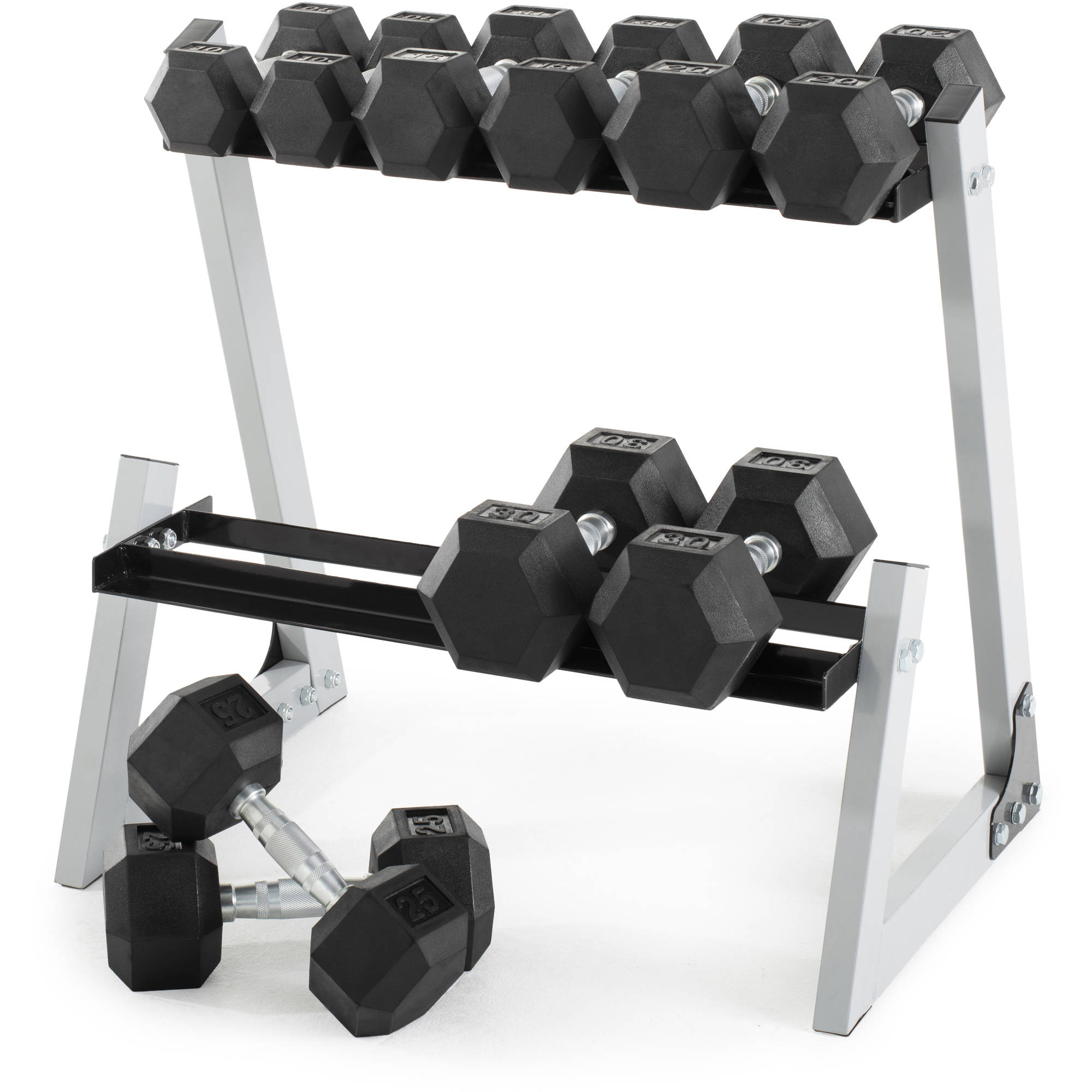 Weider 200 lb Rubber Hex Dumbbell Weight Set, 10-30 lb with Weight Rack