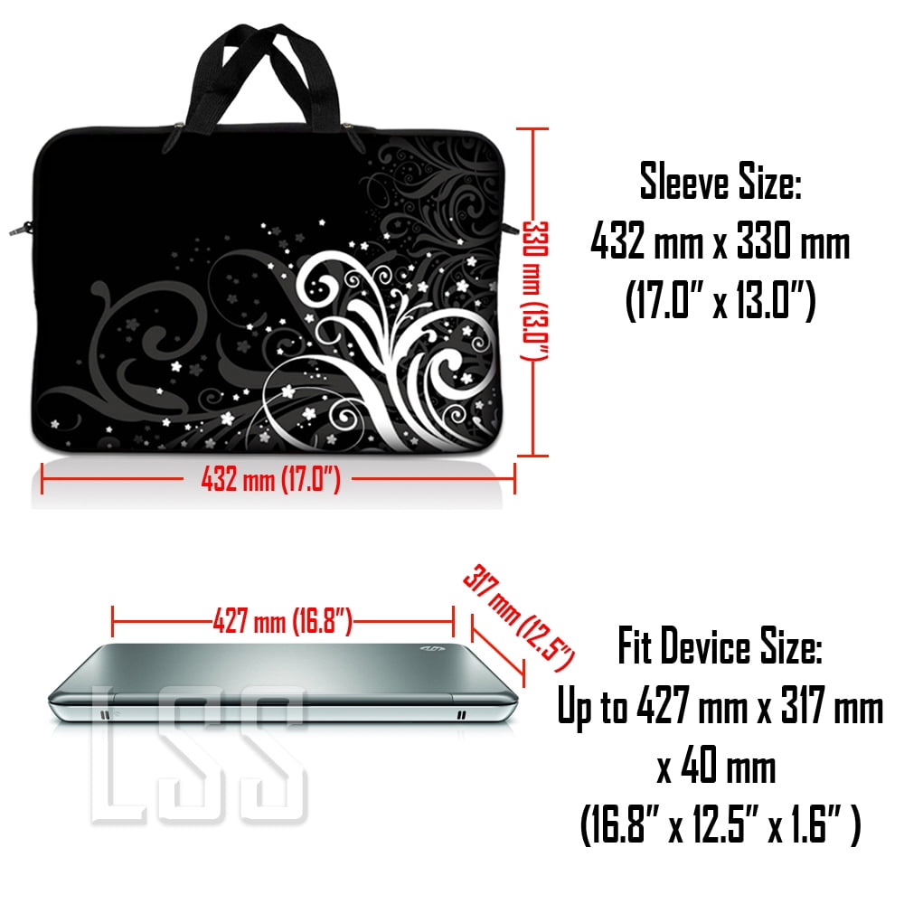 LSS 17 inch Laptop Sleeve Bag Carrying Case with Handle and Adjustable Strap - Black & White Flower