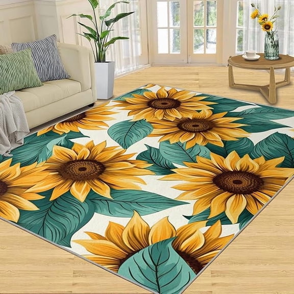 Yellow Sunflower Rugs for Entryway, Summer Indoor Rugs, Rustic Botanical Area Rug, Flower Green Teal Kitchen Rugs Non Slip Washable Rugs for Bedroom 4 x 6ft