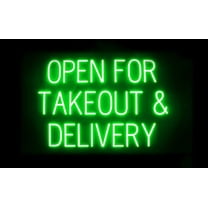 SpellBrite OPEN FOR TAKEOUT & DELIVERY LED Sign for Business. 34.1" x 23.8" Green OPEN FOR TAKEOUT & DELIVERY Sign Has Neon Sign Look, LED Light Source. Visible from 500  Feet, 8 Animations.