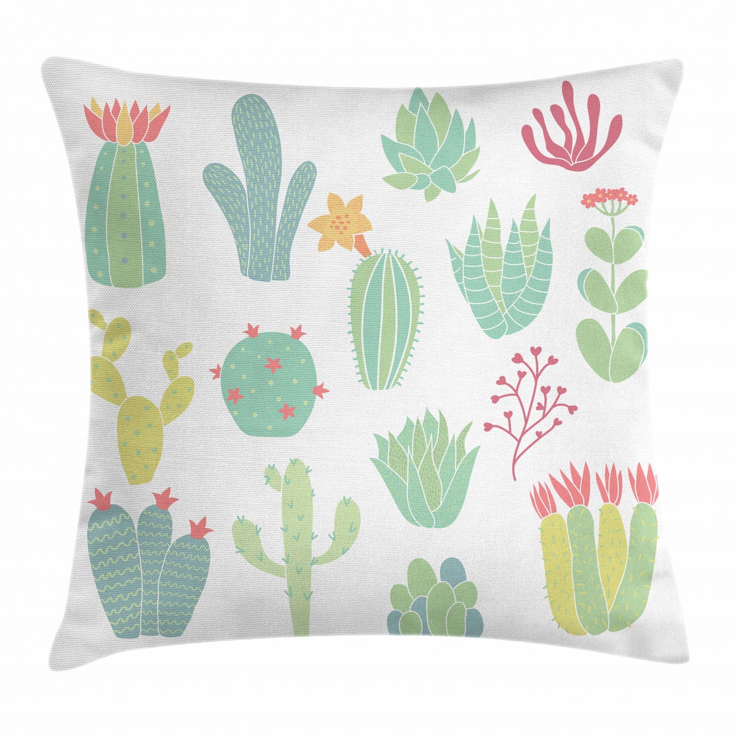 Cactus Throw Pillow Cushion Cover, Hand Drawn Cacti Pattern Blossoming